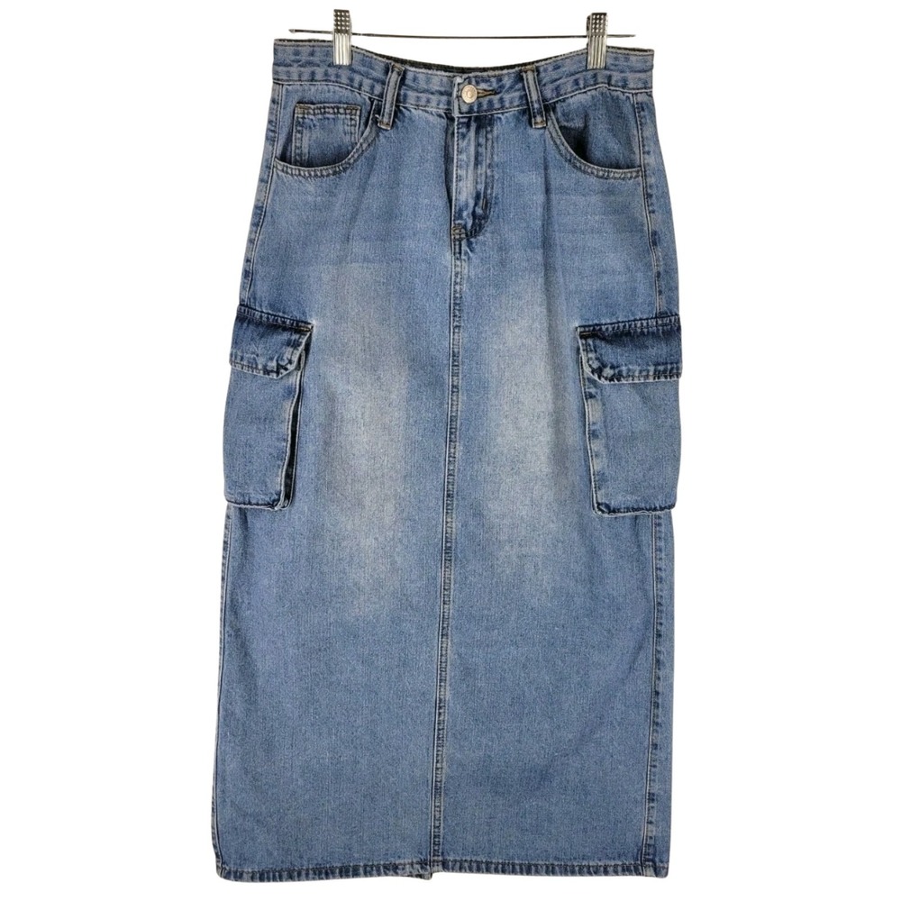 Y2K Forever 21 Denim Cargo Midi Skirt M Blue High Rise Utility Pockets‎